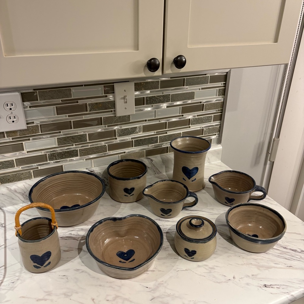 Vintage Pottery set Salt Glazed stoneware heart motif signed